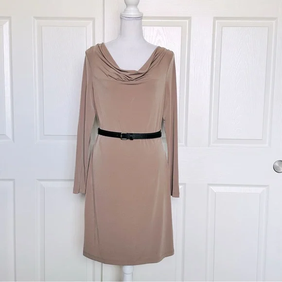 NWT Calvin Klein Belted Jersey Dress Long Sleeve Cowl Neck Beige size 8,10 NWT Calvin Klein Belted Jersey Dress Long Sleeve Cowl Neck Beige size 8,10